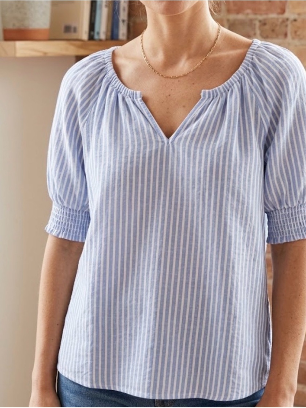 Blue & White Striped Split Neck Puff Sleeve Blouse | Smocked Cuffs - Size M